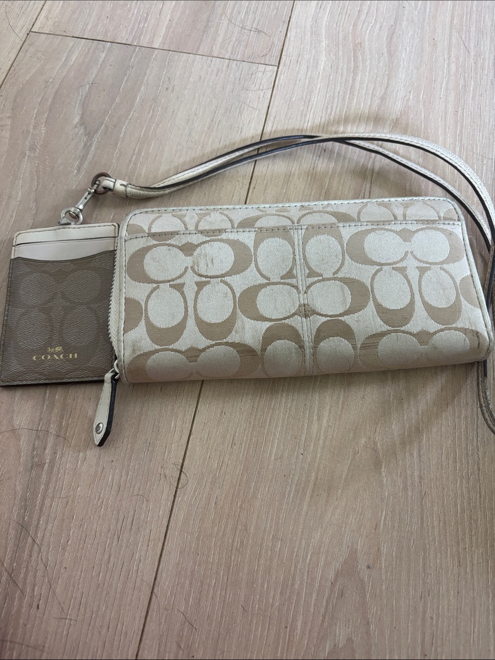 Coach Neutral Beige Signature Canvas Wristlet with Card Holder